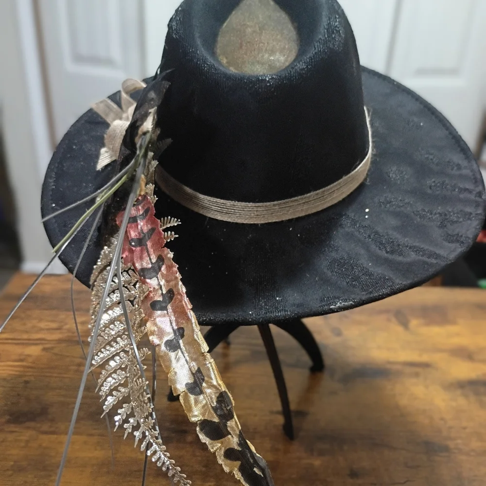 Black Wide Brim Hat with Leaf Accents and Blowtorch Distressed - Picture 2 of 4